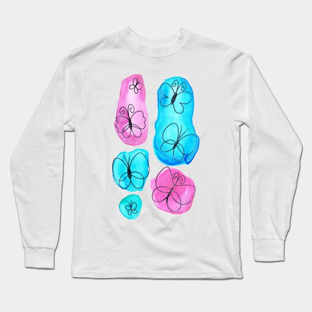 Watercolor Pink and Blue Butterflies Long Sleeve T-Shirt by saradaboru